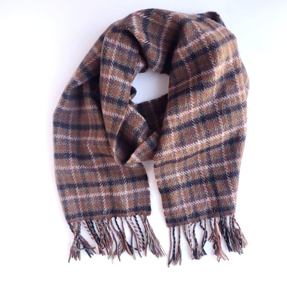 100% Cashmere Scarf Brown Plaid 62 x 11 + Fringe Made in Germany Quiet Luxury